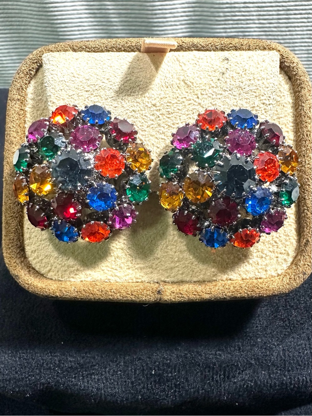 Vtg: L.I.P. Fruit Salad Multicolored Glass Rhinestone Button Style Earrings